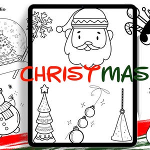 May include: Black and white line art illustrations of Christmas themed objects, including a snowman, a Christmas tree, a snowflake, a stocking, a reindeer, a bell, a Santa Claus, and a snow globe. The word "CHRISTMAS" is written in red and green letters.
