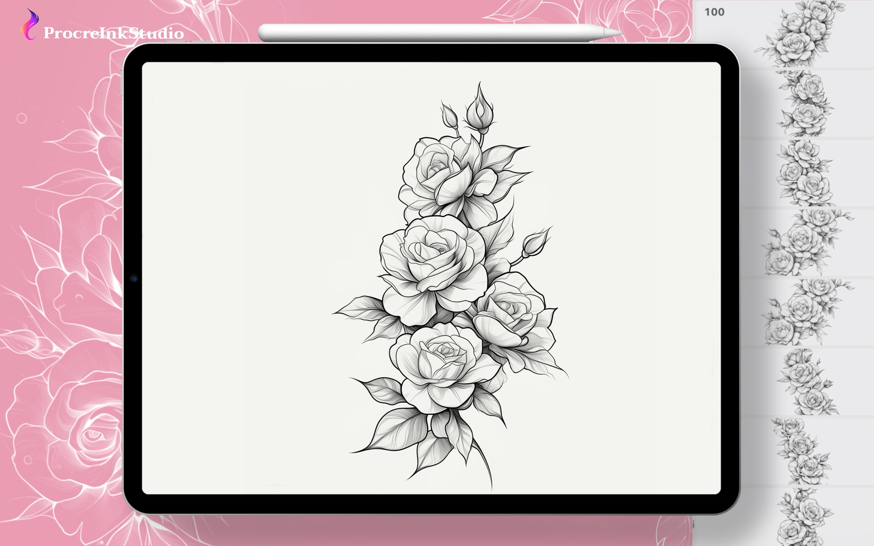 Tattoo Rose Procreate Stamps, 100+ Rose Stamp Brushes for Procreate ...