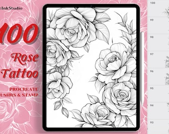 Tattoo Rose Procreate Stamps, 100+ Rose Stamp Brushes for Procreate, Botanical Stamp Flowers,tattoo reference,tattoo bundle,Botanical Stamps