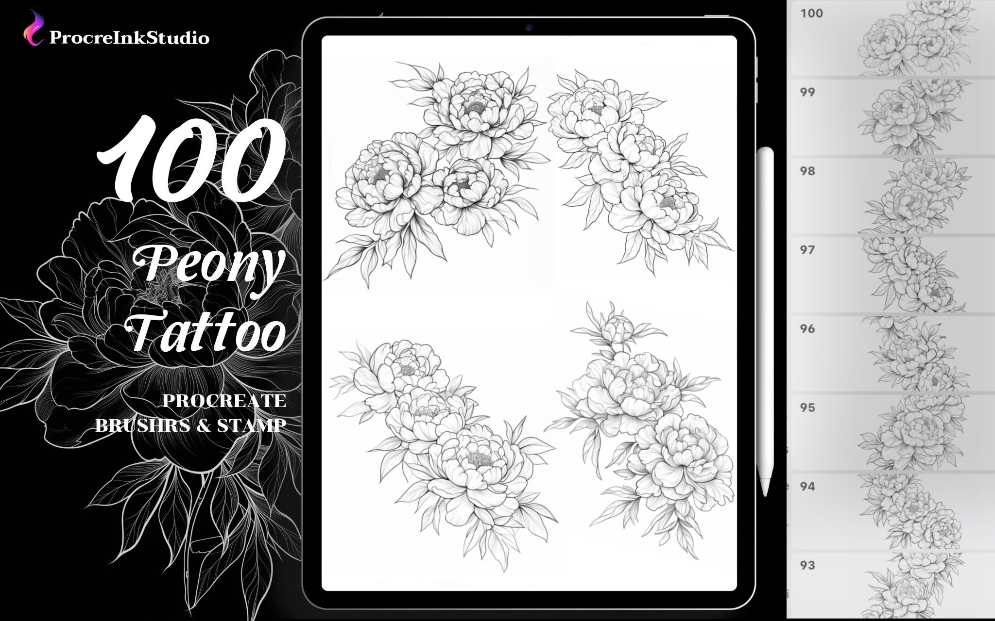Tattoo Peony Procreate Stamps, Peony Stamp Brushes for Procreate, Botanical Stamp Flowers, tattoo reference, tattoo bundle, Botanical Stamps
