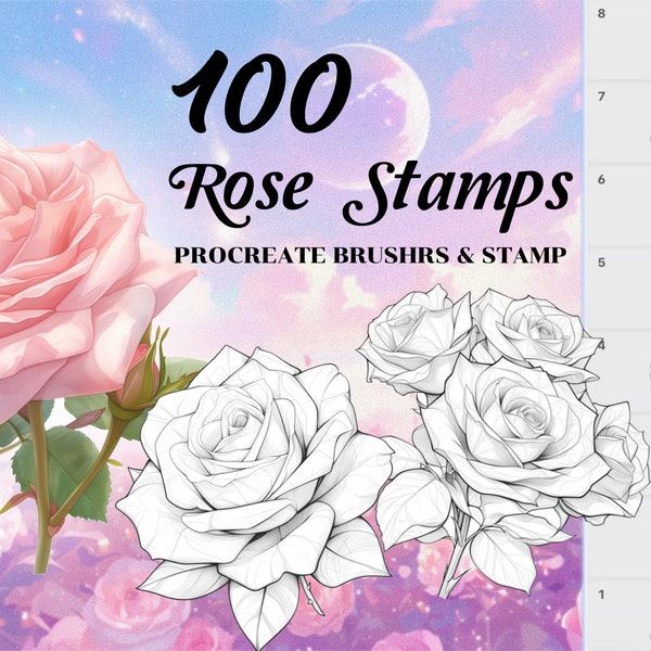 Procreate Rose Flower Stamps , 100+ Rose Flower Procreate Brushes, Botanical Stamp, tattoo reference, tattoo bundle, Botanical, Floral