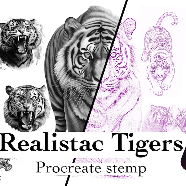 Procreate Tigers Tattoo, Realism Stamps ,tattoo reference ,realistic procreate, tattoo stencil, tattoos design, tattoos