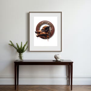 May include: A framed print of a boar's head in a circle with the text "VIR CLARUS ASTRO" around it. The boar is depicted in a fiery, orange and red color scheme.
