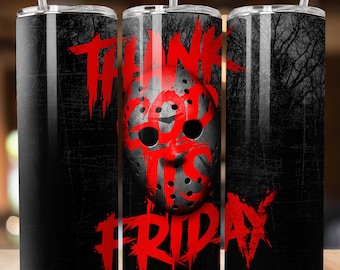 May include: Three black and red stainless steel tumblers with a graphic of a hockey mask and the text "Think God It's Friday".