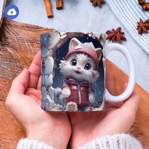 3D Kitten Hole In A Wall Mug Wrap, Winter Mug Wrap Sublimation Design PNG, 3D Cute Cat , 11oz & 15oz Mug Template, Coffee Mug Sublimation