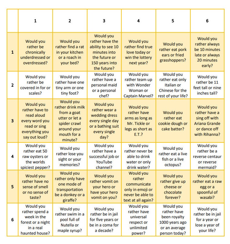 Bingo Would You Rather drinking Game Set 1 Etsy