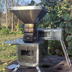 Kit for heating a tent or small room! Stove with chimney + pellet burner + heat exchanger with cooking surface!