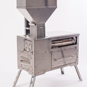 Poêle à granulés à alimentation par gravité avec four et plaque de cuisson ! Mini réchaud chaud pour tente ! Poêle fusée avec cheminée.