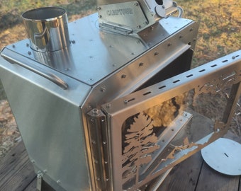Fireplace with wood or pellets, for outdoor camping or in a tent, on the terrace! Garden fireplace with large glass and tall chimney!