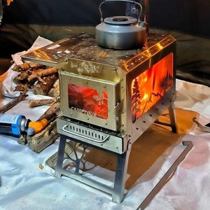 Mini pellet stove complete with chimney! Hot tent stove using wood or pellets! Stainless steel stove with glass!