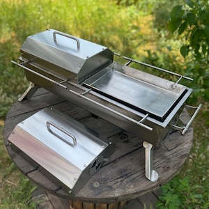 Brazier! Fire pit! Stainless steel roasting pan. Barbecue with grate and lid! Tabletop hibachi grill made of stainless steel! BBQ.