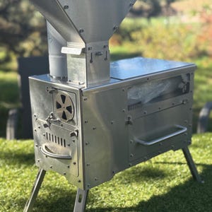 Gravity feed pellet stove with oven and cook top! Powerful stove for tent, camper, van!