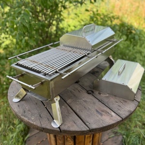 BBQ! Fire pit! Stainless steel roasting pan. Barbecue with grate and lid! Tabletop hibachi grill made of stainless steel! Brazier.