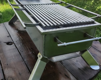 Handgemachter Grillrost mit Rost und Bräter! Plancha aus Edelstahl. Doppelgrill mit Deckeln ! Grillen,mangal. Hibachi-Grill!