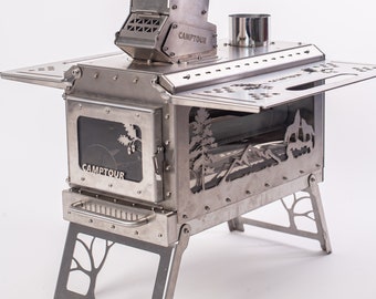 Tourist portable mini stove! Stove for outdoor camping using wood and pellets made of stainless steel with side windows!