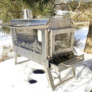 Pellet stove complete with chimney! Hot tent stove using wood or pellets! Stainless steel stove with glass!