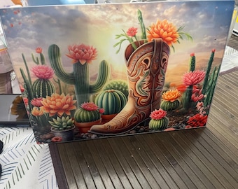 Boots and Cactus  Glass Cutting Board With Stand