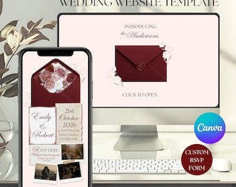 Burgundy Floral Wedding Website Template with RSVP, Editable Canva Design