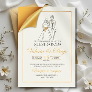 Invitación para Boda en Español para Editar, Elegant Wedding Invitation, White Floral Gold Couple Spanish, Editable Wedding Canva Template