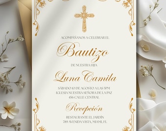 Invitación en Español de Bautismo Boho, Bautismo en Español para Niña, Invitación para Bautizo en Español Para Niña, Plantilla Canva de Bautismo Editable
