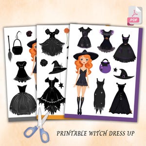 Halloween Paper Dolls Kit Printable Witch Dress Up Cut Out Activity Craft Homeschool Pre K Kindergarten Paper Cut Out DIY Halloween Activity