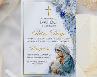 Blue Gold Bautizo Invitation Niño, Virgin Mary Invitación Bautismo Español, Editable Baptism Spanish Invitation for a Boy Canva Template