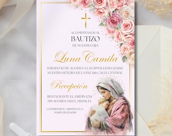 Virgen de Guadalupe Invitacione Bautizo Niña Convite de batismo espanhol, Invitación para Bautizo Español Para Niña, modelo editável do Canva