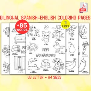 Bilingual Spanish English Coloring Pages, Learn Spanish Vocabulary Everyday Spanish Phrases for Beginners Bilingual Coloring Sheets for Kids