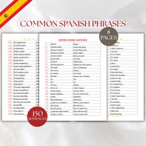 Common Spanish Sentences, Learn Spanish Essential Phrases Vocabulary, Everyday Spanish Phrases for Beginners, Bilingual Learning Cheat Sheet
