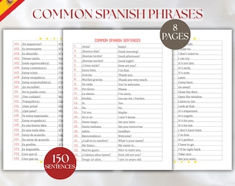 Common Spanish Sentences, Learn Spanish Essential Phrases Vocabulary, Everyday Spanish Phrases for Beginners, Bilingual Learning Cheat Sheet