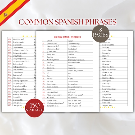 Common Spanish Sentences, Learn Spanish Essential Phrases Vocabulary, Everyday Spanish Phrases for Beginners, Bilingual Learning Cheat Sheet