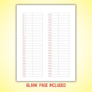 May include: A blank numbered list with 50 lines on each side of the page. The text "BLANK PAGE INCLUDED" is at the bottom of the page.