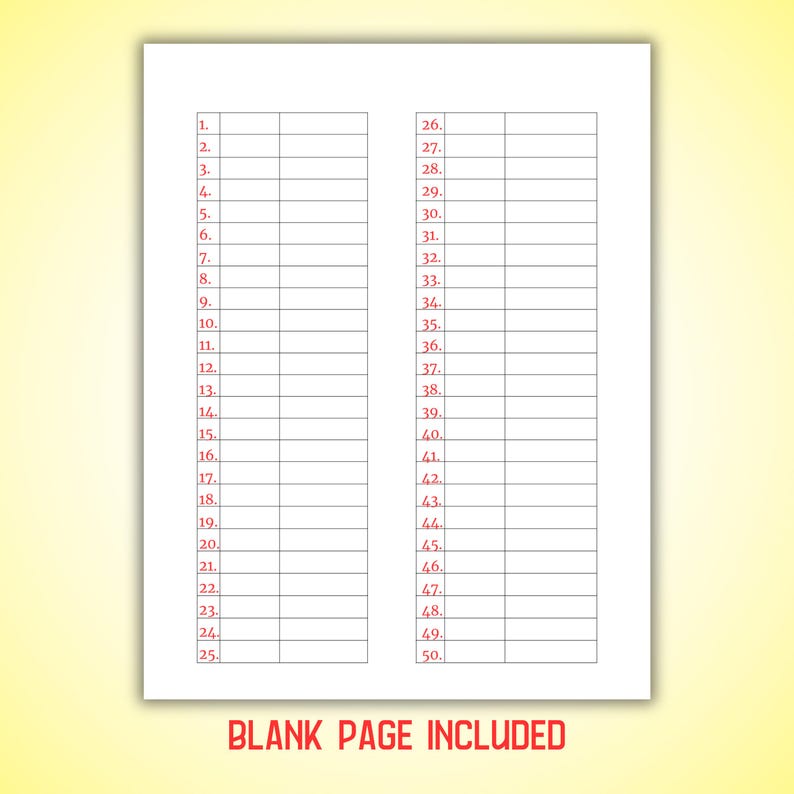 May include: A blank numbered list with 50 lines on each side of the page. The text "BLANK PAGE INCLUDED" is at the bottom of the page.