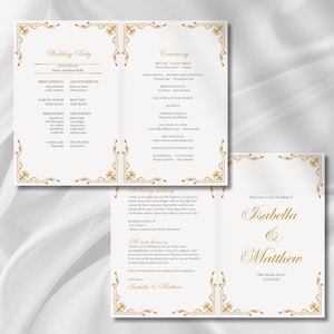 Może przedstawiać: Kremowy program ślubny ze złotymi dekoracyjnymi obramowaniami i tekstem. Program zawiera szczegóły dotyczące wesela, porządek ceremonii oraz wiadomość powitalną na ślubie Isabelli i Matthew.