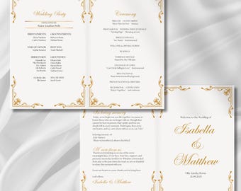 Plantilla de programa de boda plegable, programa de ceremonia editable, elegante y moderno, orden de servicio personalizable, descarga instantánea en Canva.