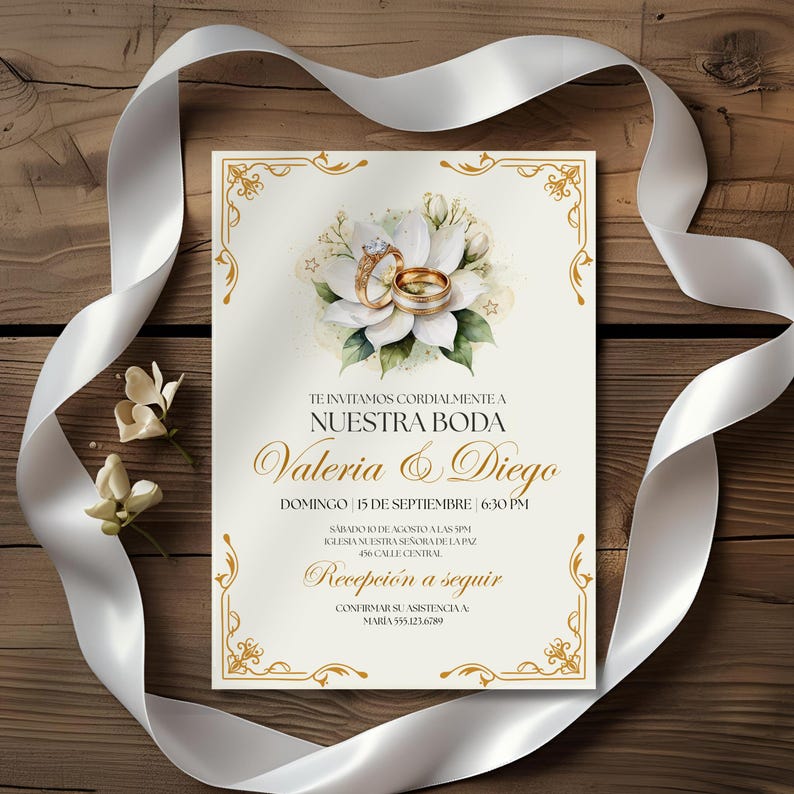 Puede incluir: Invitaci&oacute;n de boda con detalles dorados y dise&ntilde;o floral. La invitaci&oacute;n presenta los nombres "Valeria & Diego" y los detalles del evento. Una cinta blanca y flores enmarcan la invitaci&oacute;n sobre un fondo de madera.