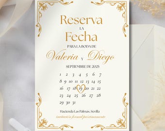 Reserva la Fecha Invitación para Boda en Español para Editar, Invitación de boda elegante en español dorado Reserva la fecha, Plantilla Canva editable