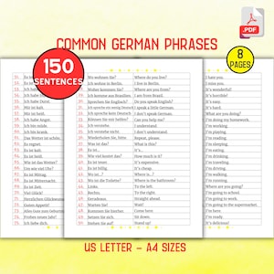 Common German Sentences, Learn German Essential Phrases Vocabulary, Everyday German Phrases for Beginners, Bilingual Learning Cheat Sheet