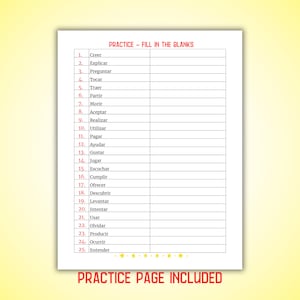 May include: A black and white worksheet with the title "PRACTICE - FILL IN THE BLANKS". The worksheet lists 25 Spanish verbs in the infinitive form, numbered 1 through 25.