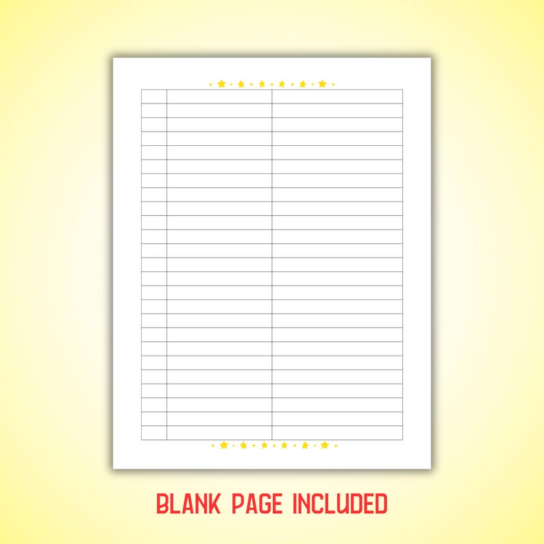 May include: A printable blank page with a row of yellow stars at the top and bottom. The text "BLANK PAGE INCLUDED" is at the bottom of the page.
