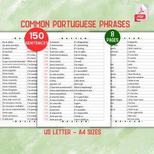 Common Portuguese Sentences, Learn Portuguese Phrases Vocabulary, Everyday Portuguese Phrases for Beginners, Bilingual Learning Cheat Sheet