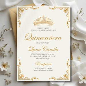 May include: Ivory quinceañera invitation with gold text and decorative flourishes. The invitation includes the names Pedro and Valeria, the name Luna Camila, and event details. A gold crown is at the top.