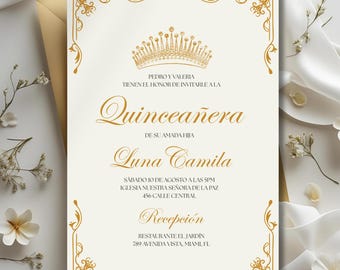 Spanish Elegant Gold Quinceanera Invitation, Editable Quince Sweet 16 Invite, Quince Años Invite, Spanish Inviation Editable Canva Template