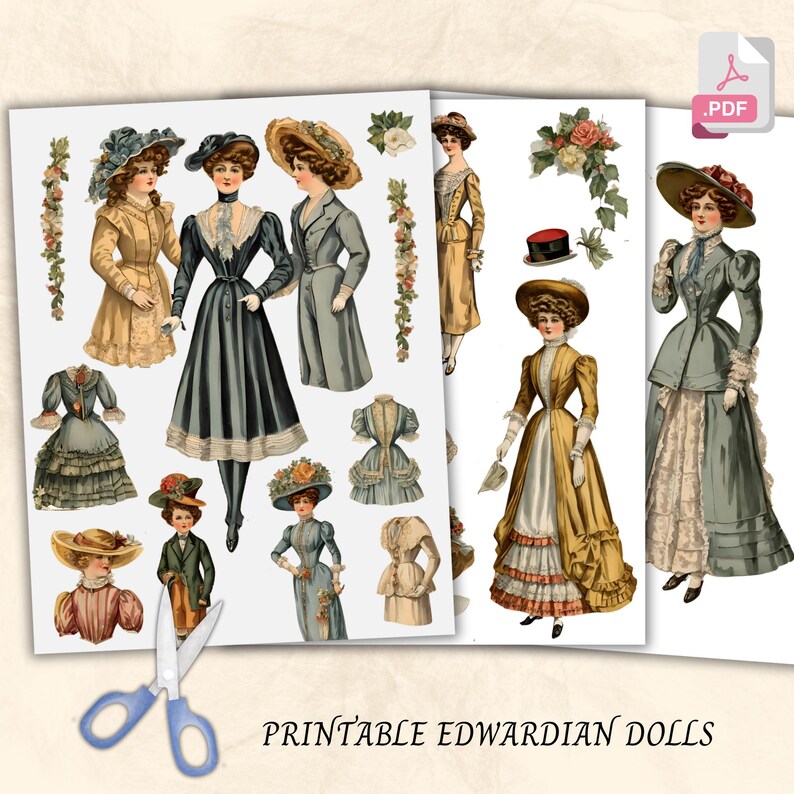 Edwardian Paper Dolls Journaling Kit Printable Scrapbook Craft ...
