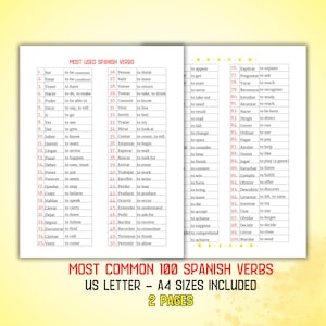 May include: A two-page printable chart listing the 100 most common Spanish verbs. The chart is divided into two columns, with the infinitive form of the verb in the left column and the English translation in the right column. The chart is titled "Most Common 100 Spanish Verbs" and includes the text "US Letter - A4 Sizes Included" and "2 Pages".