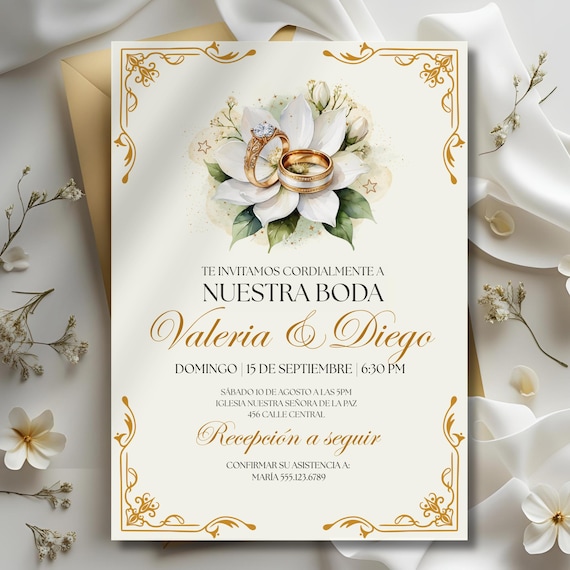 Invitación para Boda en Español para Editar, Elegant White Floral Engagement Ring Spanish Wedding Invitation Editable Wedding Canva Template