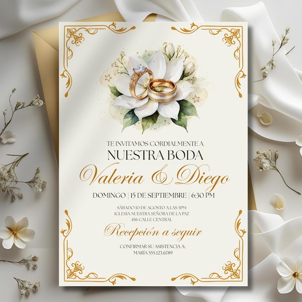 Invitación para Boda en Español para Editar, Elegant White Floral Engagement Ring Spanish Wedding Invitation Editable Wedding Canva Template