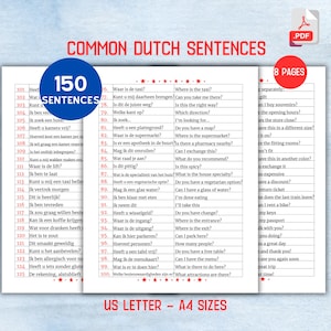 Common Dutch Sentences, Learn Dutch Essential Phrases Vocabulary, Everyday Dutch Phrases for Beginners, Bilingual Learning Cheat Sheet