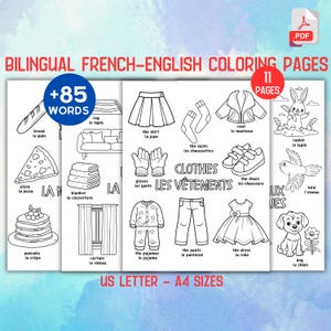 May include: A set of bilingual French-English coloring pages. The pages feature line drawings of various objects and clothing items, with French and English labels. Includes the text "+85 WORDS" and "11 PAGES".
