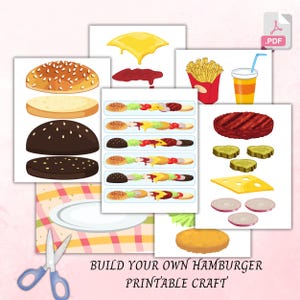 Könnte beinhalten: Ein druckbares Bastelprojekt mit illustrierten Elementen zum Bau eines Hamburgers. Enthält Burgerbrötchen, Pasteten, Käse, Salat, Tomaten, Gurken, Zwiebeln, Ketchup, Senf und Pommes Frites. Der Text "BUILD YOUR OWN HAMBURGER PRINTABLE CRAFT" ist ebenfalls sichtbar.